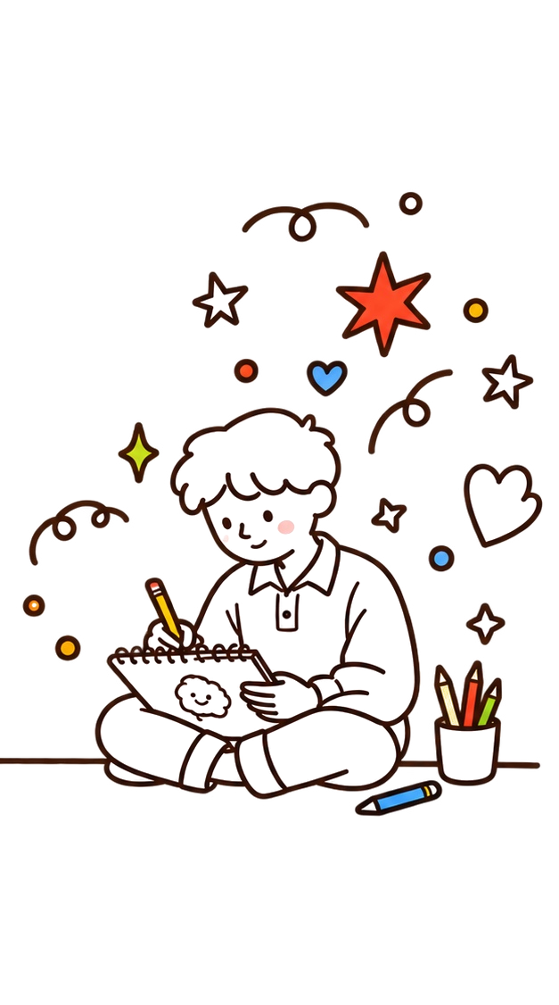 Мальчик рисует карандашом в скетчбуке